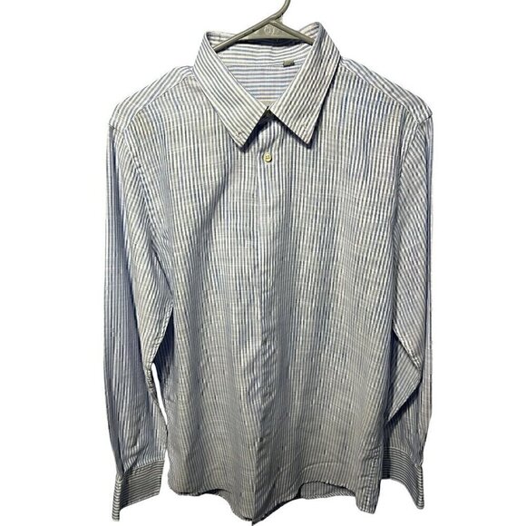 Lancellotti Mens Striped Long Sleeve Button-Up Shirt, 100% linen, med sheer, LG - Picture 1 of 8